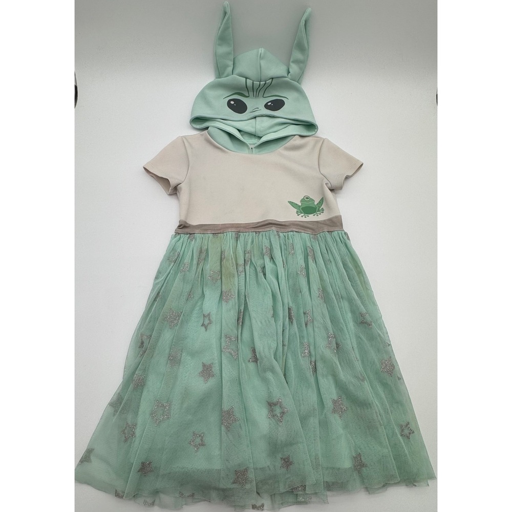 Star Wars The Child Grogu Baby Yoda Hooded Tulle Dress Girls Size 4/5 Mint Green